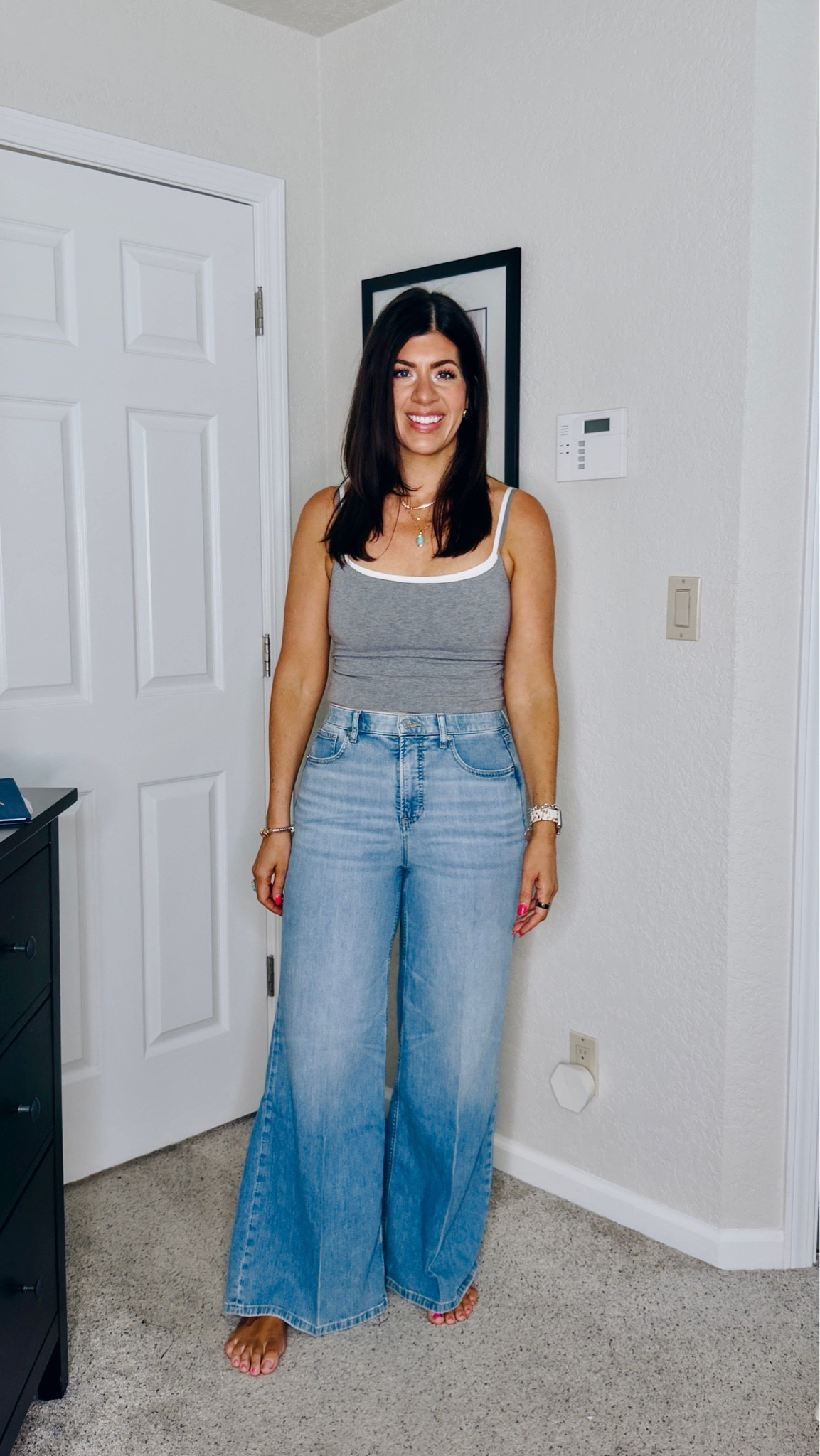 Wearing a medium in new lightweight jeans. 
Use code Meghanxspanx 

Denim, jeans, wide leg jeans, lightweight denim, summer denim, summer style, spring style, midsize fashion, trending, Spanx 

#LTKootd #LTKSeasonal #LTKMidsize
