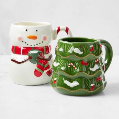 Figural Christmas Tree and Snowman Mug Set | Williams Sonoma | Williams-Sonoma