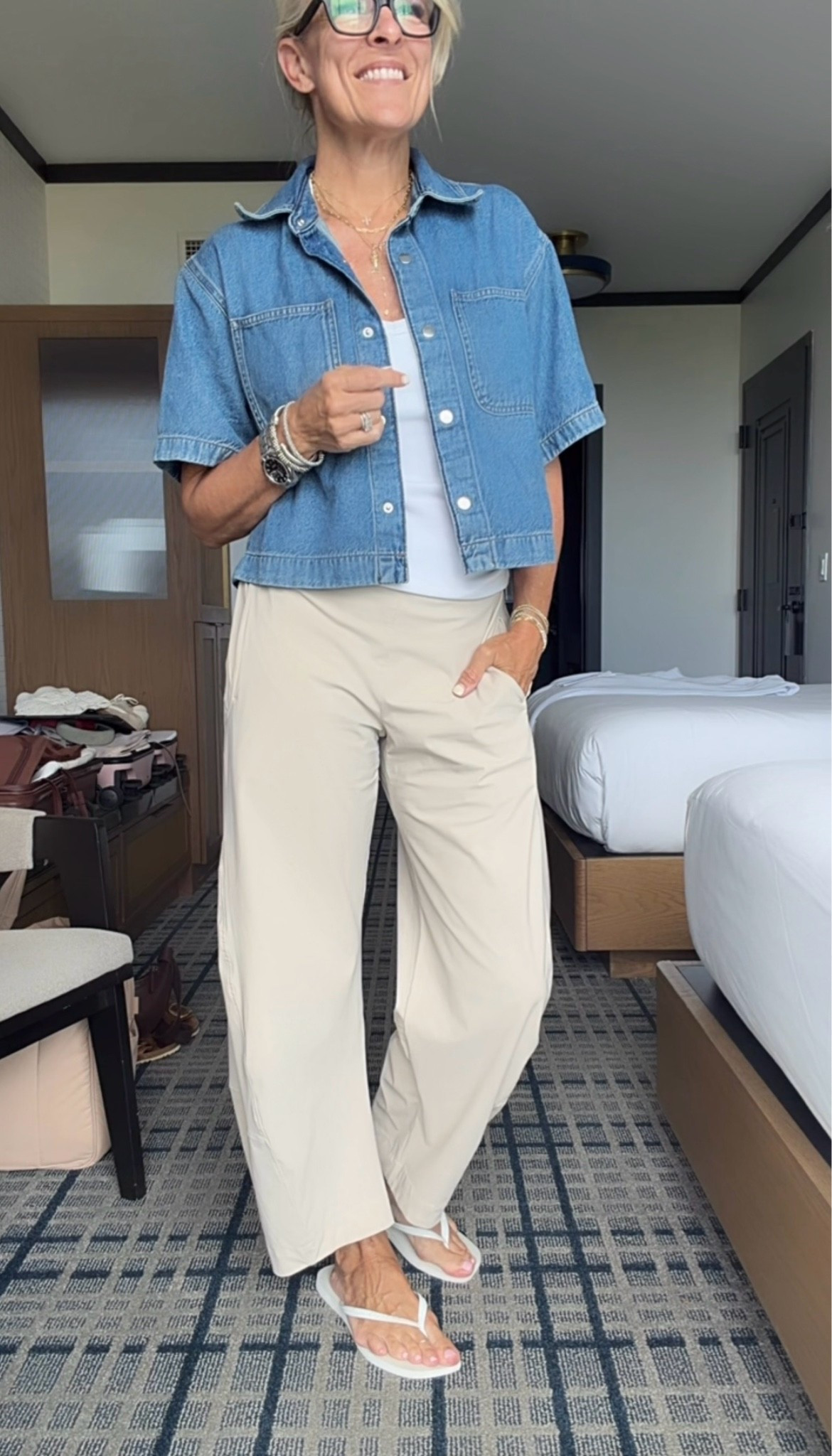 These viral pants are currently 20% off 
Fit tts in size 6
New colors added 
Pricey but I grab and wear alll the time. So good.  Don’t wrinkle 
Denim shirt can be worn as top or open as jacket - in small
Tank has built in bra!!!

#LTKgrwm #LTKOver40 #LTKTravel