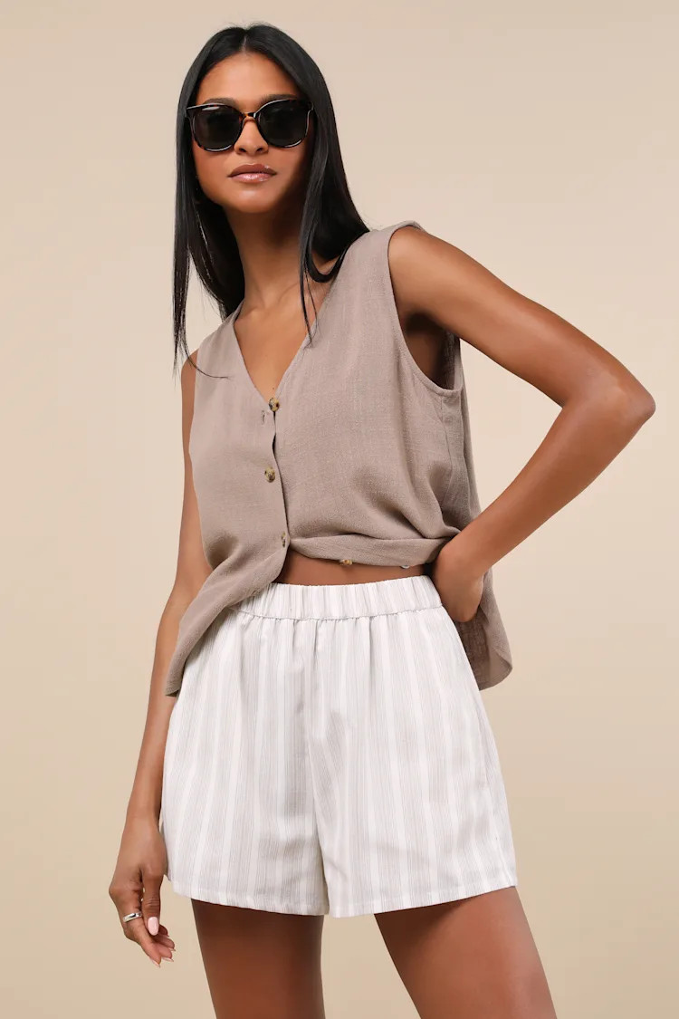 Classic Ivory and Beige Striped Linen Beach Shorts | Lulus