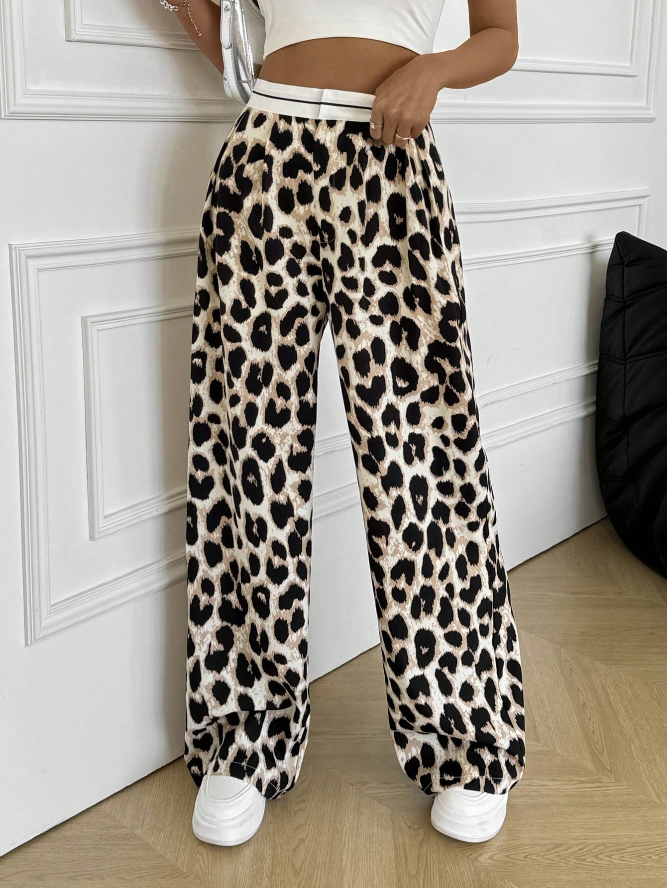 SHEIN EZwear Color Block Leopard Print Loose Wide Leg Pants With High Waist | SHEIN