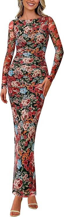 PRETTYGARDEN Women's Long Sleeve Bodycon Dresses 2025 Fall Sexy Floral Mesh Slit Ruched Tight Max... | Amazon (US)