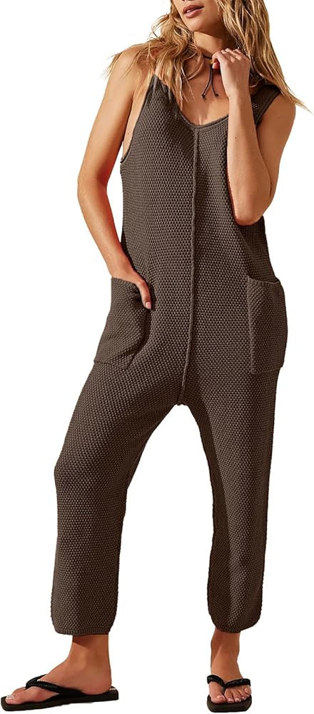 Shiyifa Women's Casual Sleeveless Stretchy Jumpsuits Loose Waffle Overalls Summer Long Pants Romp... | Amazon (US)