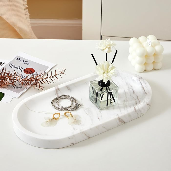 Denique Natural Marble Bathroom Tray, 12"x6" Vanity Tray White Marble Decorative Tray, Countertop... | Amazon (US)