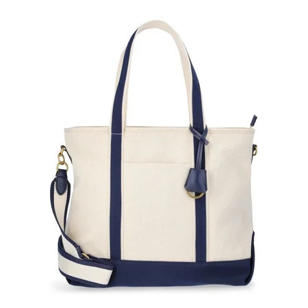Free Assembly Women's Medium Canvas Tote, Natural/Navy | Walmart (US)
