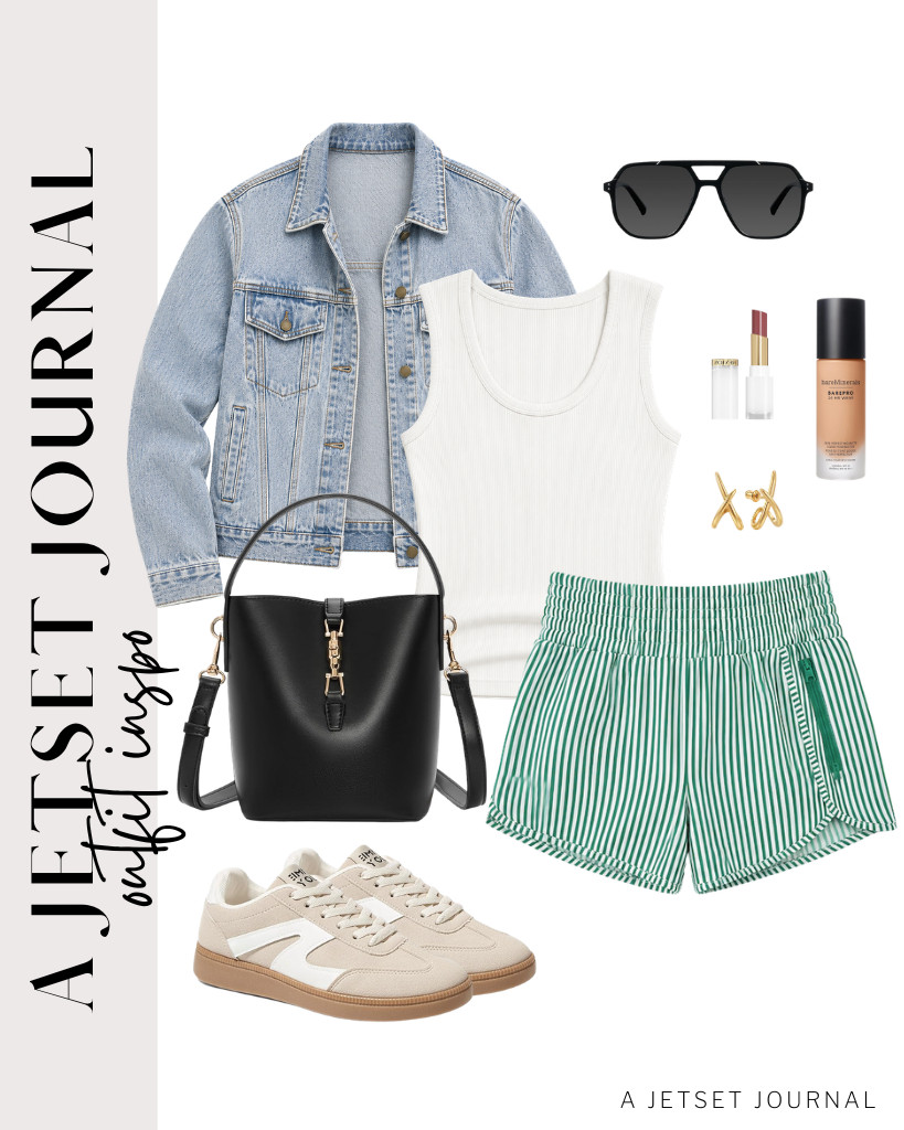For green high-waisted shorts paired with a white tank top and an AUTOMET denim jacket, you can wear these retro TIMEJOY sneakers and carry a small BOSTANTEN bucket bag. These gold earrings and the bareMinerals liquid foundation are perfect for this look.

#LTKSeasonal #LTKSaleAlert #LTKTravel
 

 
