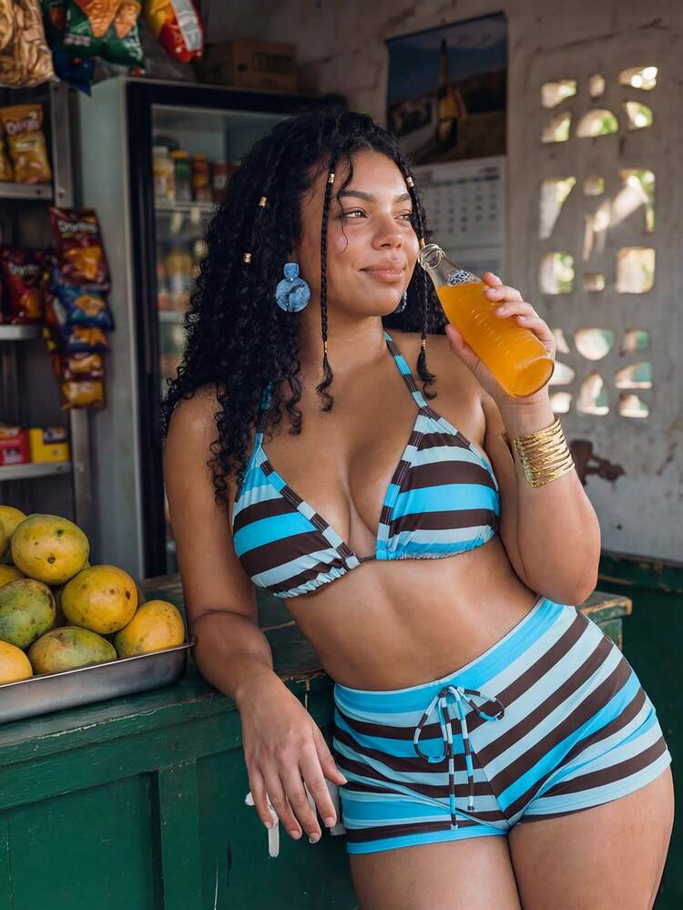 Swim Mod Plus Size Women Casual Striped Halter Bikini Set Beach Party Outfit For Women Women's Beach Outfits Pool Outfits For Woman Outfits Women | SHEIN