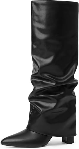 Knee High Boots Women Fold Over Boots Chunky Heel Pointed Toe Tall Boots | Amazon (US)