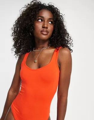 Miss Selfridge sweetheart neck bodysuit in orange | ASOS (Global)