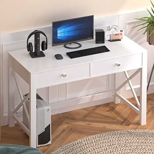 WiberWi Home Office Desk with Drawers, Modern Writing Computer Desk for Bedroom, Small Makeup Vanity Table Study Table for Home Office,White | Amazon (US)