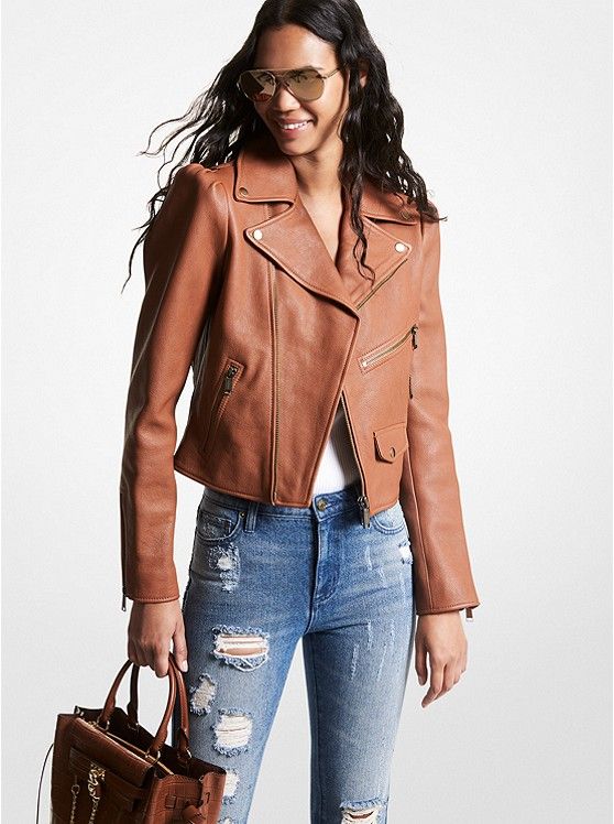 Pebbled Leather Puff-Sleeve Moto Jacket | Michael Kors US