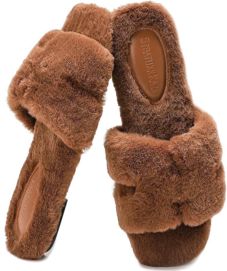 Statuxx Kaze Women's Comfy House Fur Slippers Open Toe Fuzzy Slides Indoor | Amazon (US)