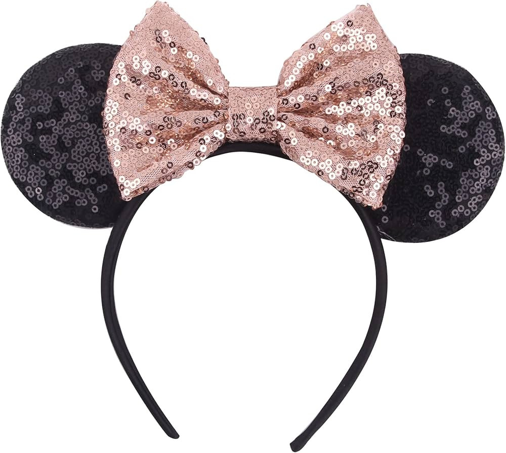 JIAHANG Black Mouse Ears Headband with Gold Sequin Bow Hair Band, Party Decoration Costume Headwe... | Amazon (US)