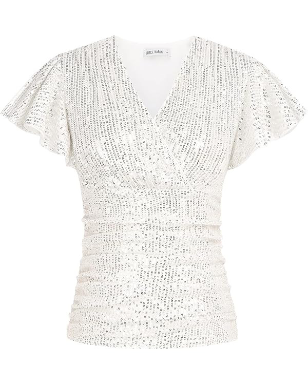 GRACE KARIN Sequin Ruffle Short Sleeve Tops for Party Size Blouse Shirt | Amazon (UK)