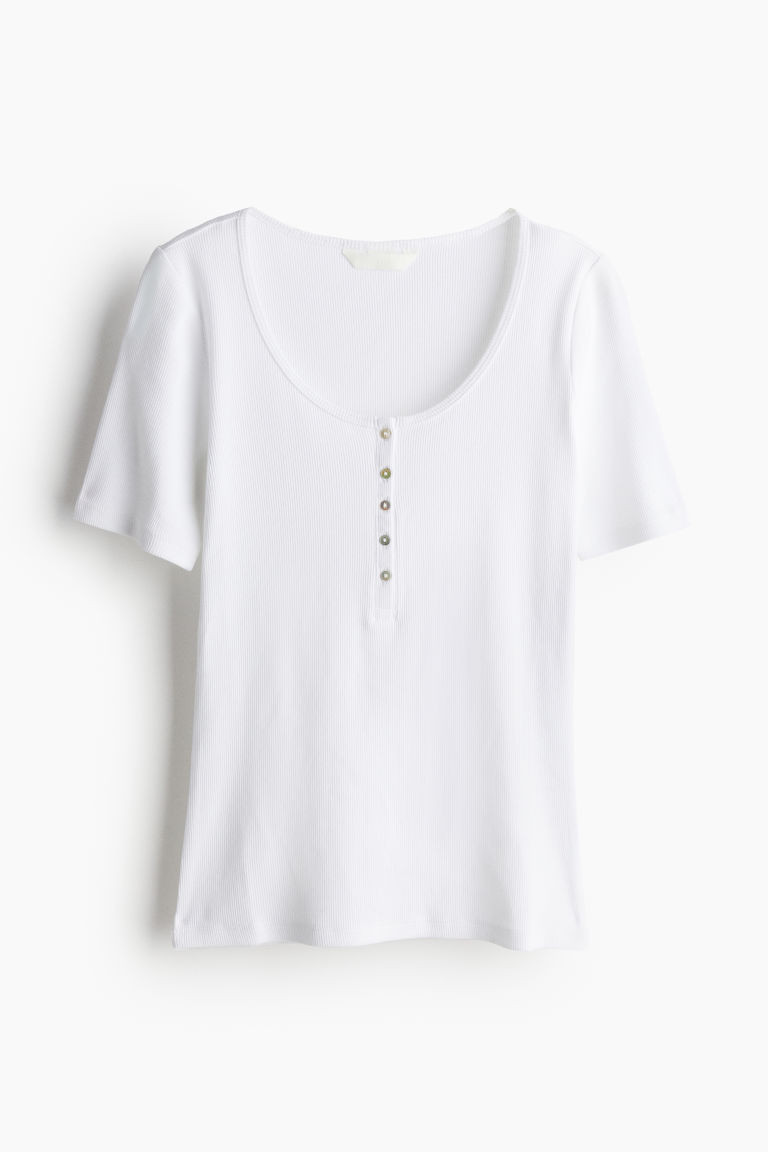 H & M - Ribbed Henley Top - White | H&M (US + CA)