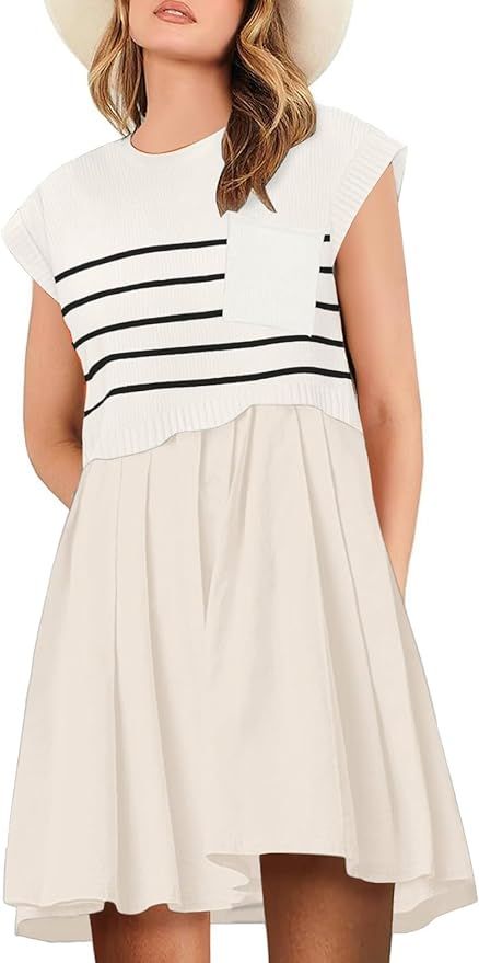 Womens Dresses Striped Knit Top Pleated Loose Swing Mini Short Sleeve Dress 2024 Trendy | Amazon (US)