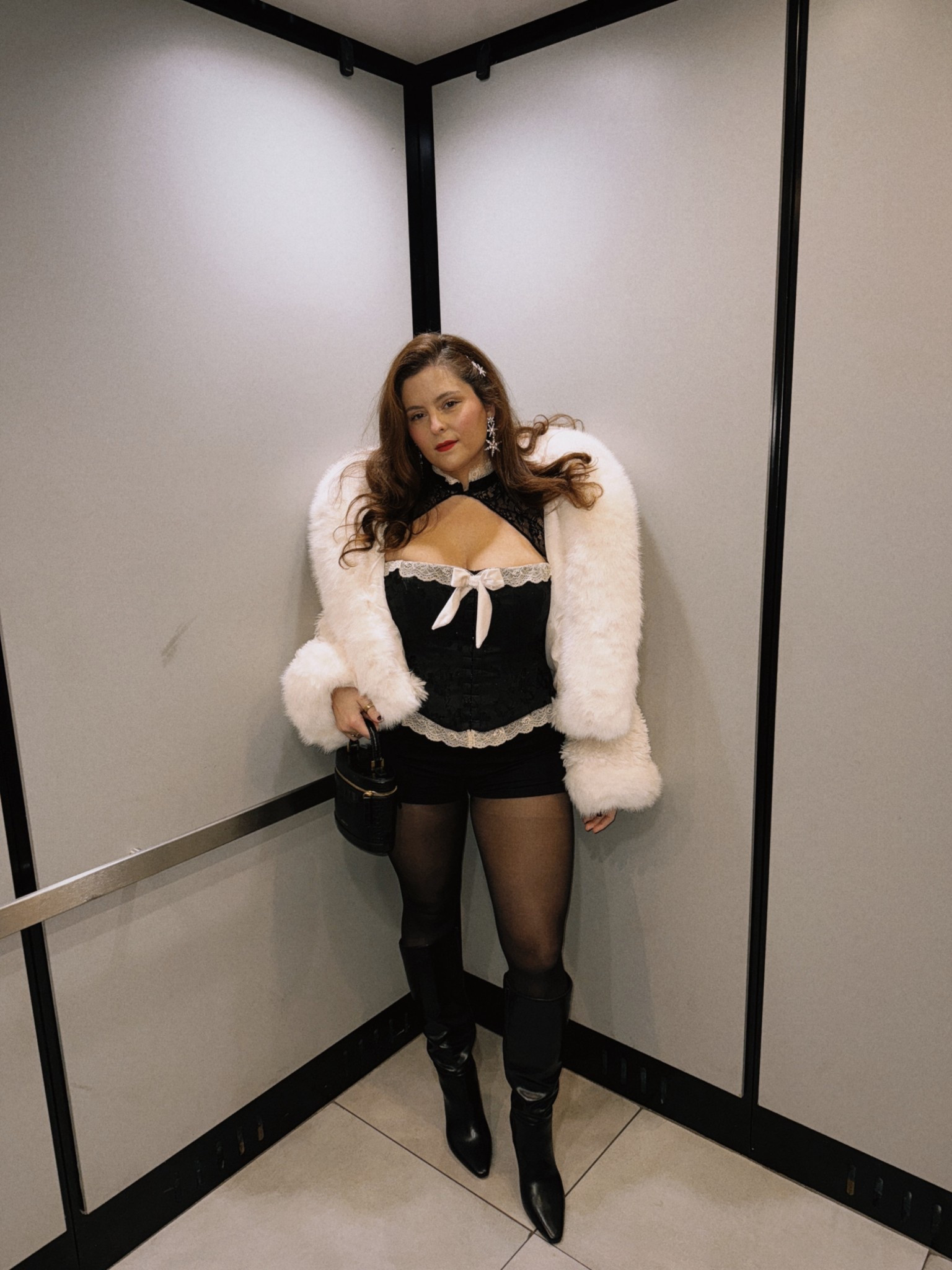 House of cb corset top with matching bolero size XL

Miss circle Nordstrom faux fur white coat

Black micro shorts, black tights
DSW black thin heel boots come in wide calf

#LTKFindsUnder100 #LTKHoliday #LTKMidsize