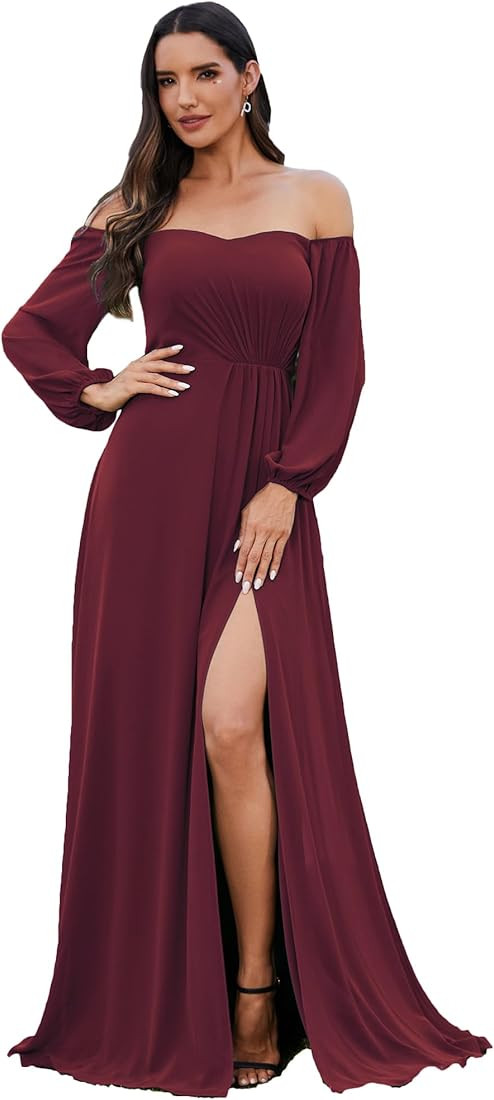 Ever-Pretty Women's Off Shoulder Lantern Sleeves A Line Split Maxi Bridesmaid Dresses S0002 | Amazon (US)