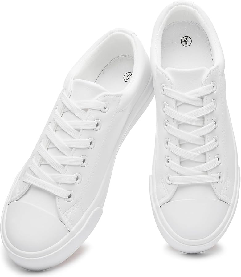 Eydram Women's Synthetic Leather White Tennis Shoes,Lace up White Sneakers,Low Top Fashion Sneake... | Amazon (US)