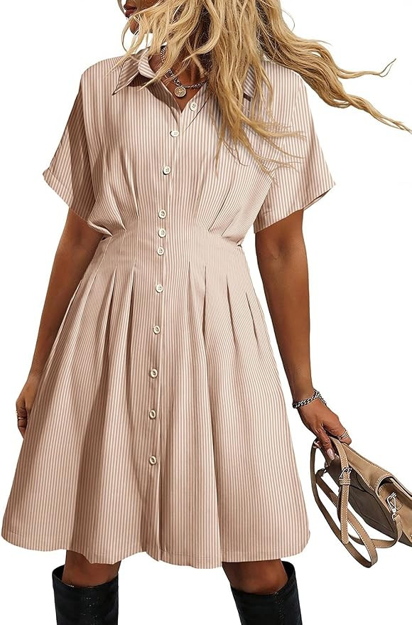 Dokotoo Women's Shirt Dress Casual Button Down Short Sleeve Collared Dresses Summer Shirred High ... | Amazon (US)