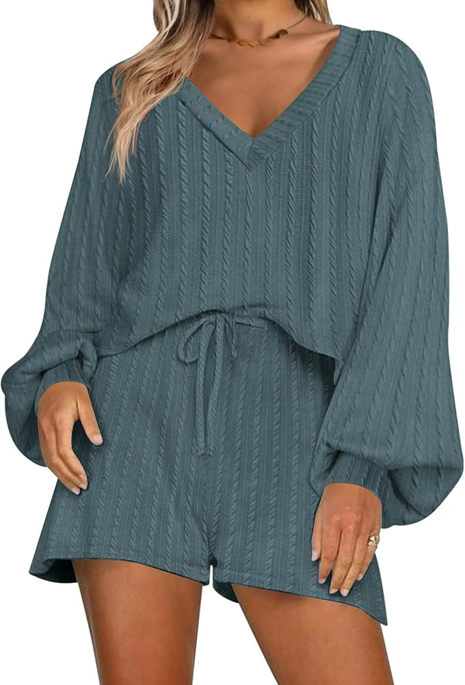 Ekouaer Women's Long-Sleeve Pajama Set Ribbed Loose Casual Lounge Set | Amazon (US)