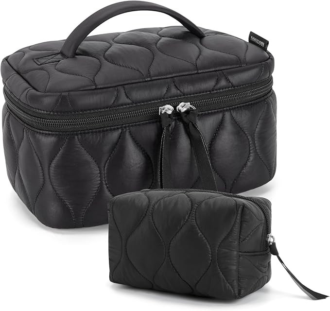 BAGSMART Travel Makeup Bag, 2-Piece Puffy Quilted Cute Make Up Bag Cosmetic Bags for Women, Large... | Amazon (US)