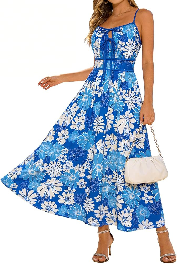 GRACE KARIN 2026 Women's Summer Maxi Floral Dress, Spaghetti Strap Tie Front Boho Sundress with P... | Amazon (US)