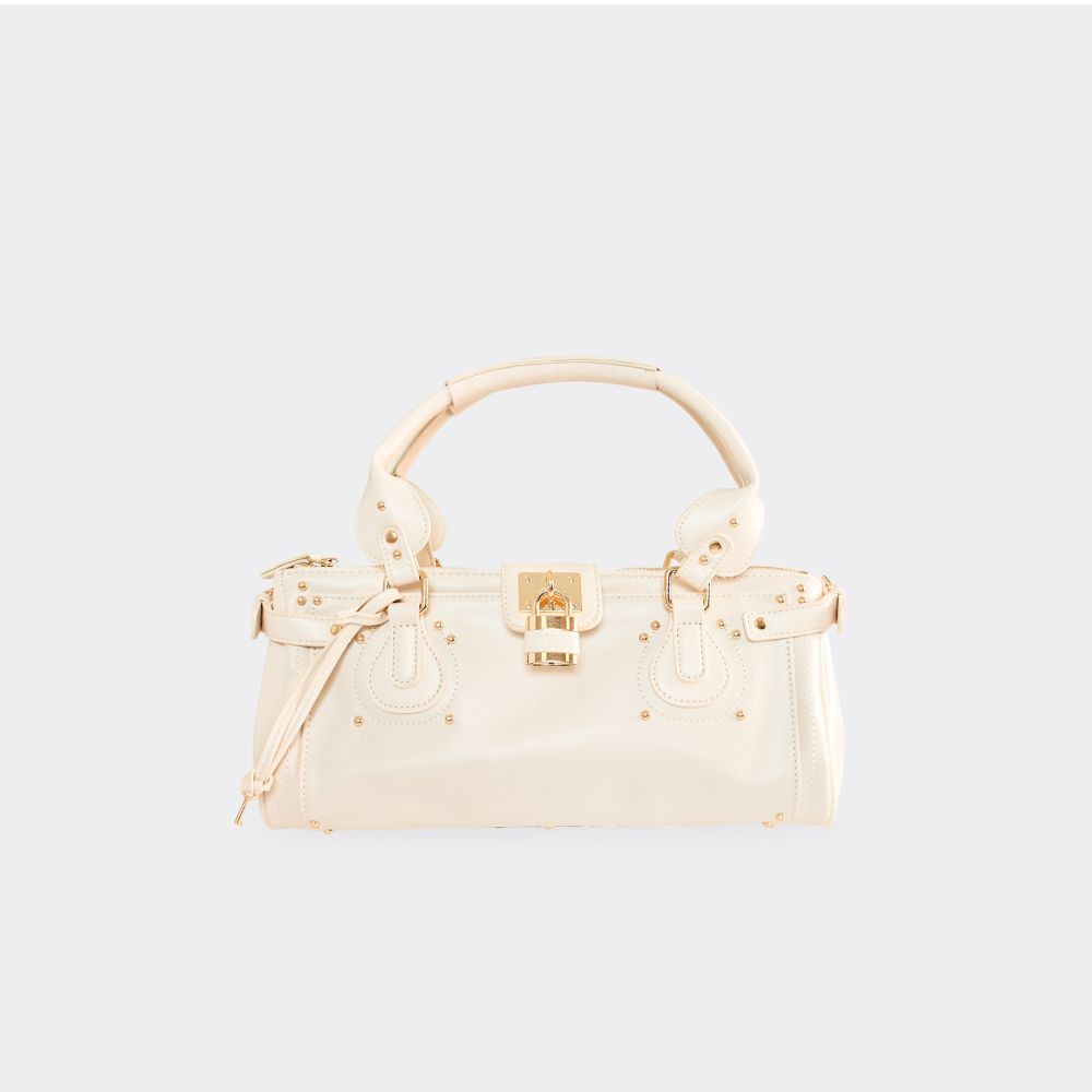 Store Studded Lock Detail Shaped Grab Bag In Cream Faux Leather | EGO (UK)