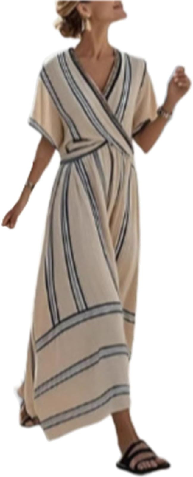 Women Striped Short Sleeve V Neck Maxi Dress Retro Patchwork A-Line Casual Wrap Waist Dresses Bea... | Amazon (US)