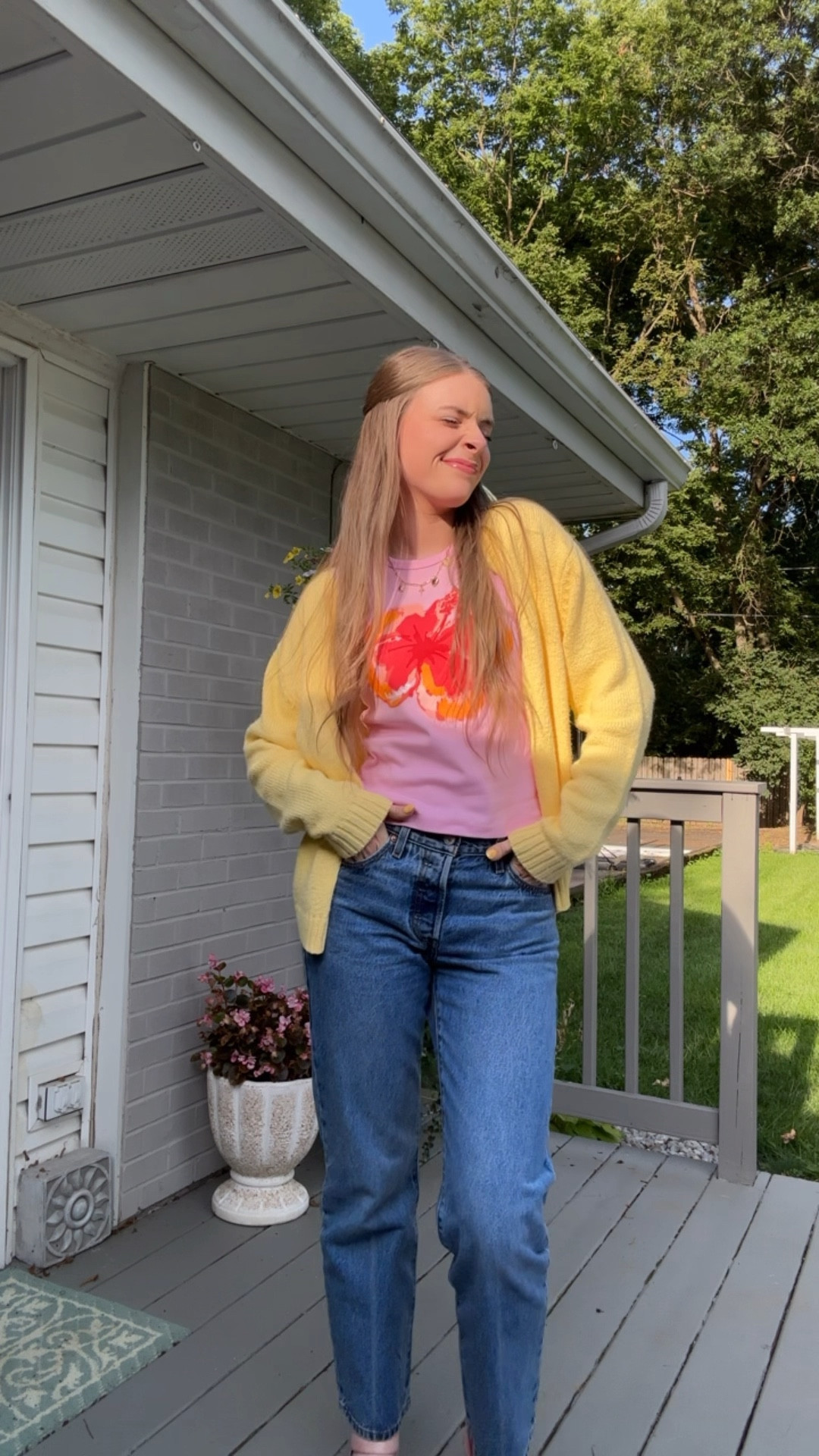 7/22/25 ootd!

T-shirt: The Beach Club
Cardigan: Coconut Row (thrifted)
Jeans: Levi (from T.J. Maxx)
Sandals: Free People (old)

Pink cropped baby tee t-shirt, oversized yellow cardigan sweater, button front open sweater cardigan vintage antique secondhand thrifted, old school style, Levi jeans, mid rise Levi’s denim, tall girl friendly jeans, tall girl denim, platform flatform pink high ankle strap sandals, yellow orange nails chrome powder

#LTKSeasonal #LTKStyleTip #LTKShoeCrush