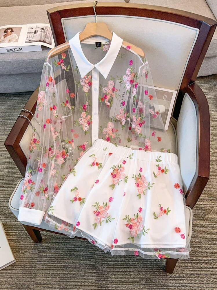 SHEIN LUNE CURVE Plus Size Women Stand Collar Cardigan Floral Embroidery Transparent Design Casual Top For Spring/Summer, Daily Home Leisure Vacation Wear, 2pcs Set Fall Cloth For Women | SHEIN