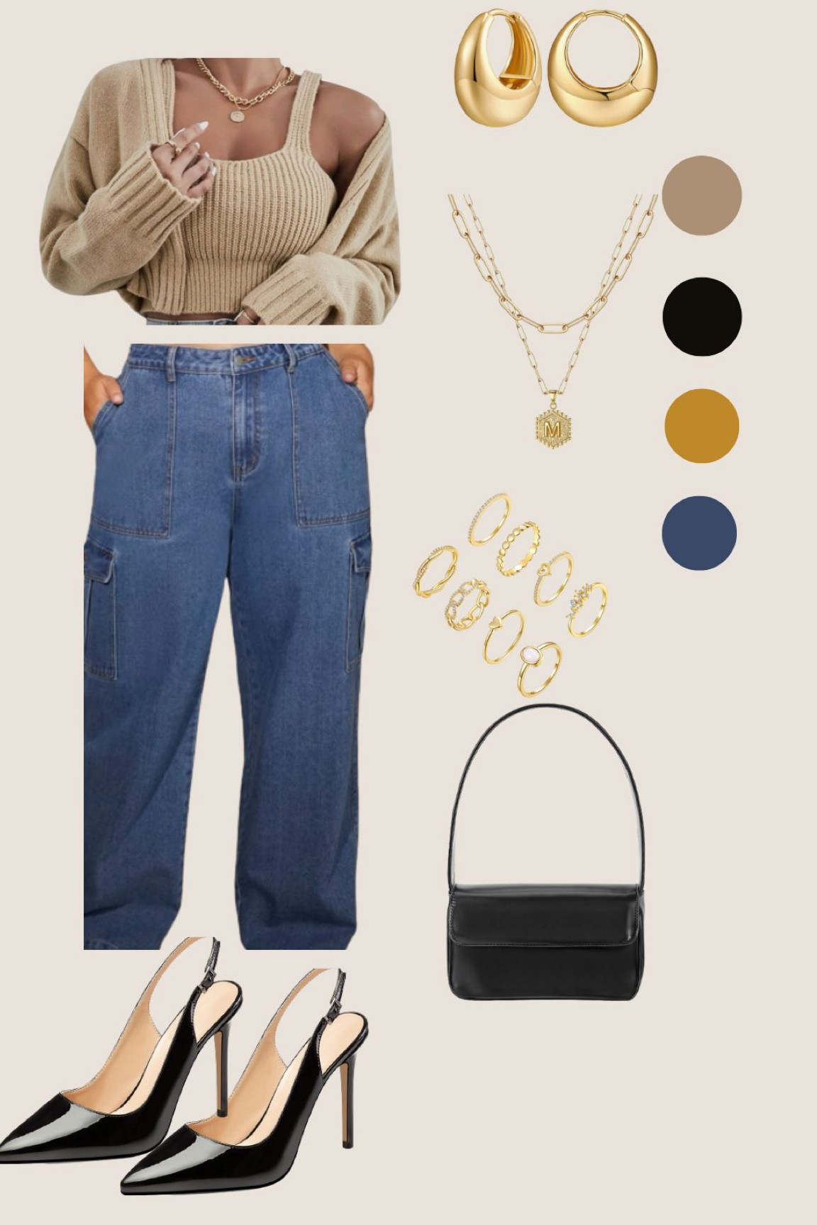 Cargo pants denim, khaki cardigan, khaki top, black bag, black pointed heels, gold rings, gold necklace. Cargo pants outfit, curvy girls 

#LTKFind #LTKstyletip #LTKcurves