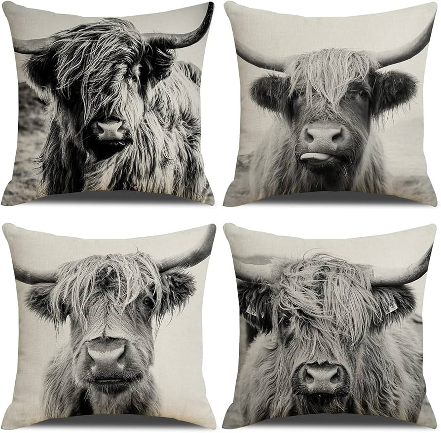 Highland Cow Throw Pillow Covers Set of 4,Decorative Cow Print Pillow Covers 18x18 for Couch,West... | Amazon (US)