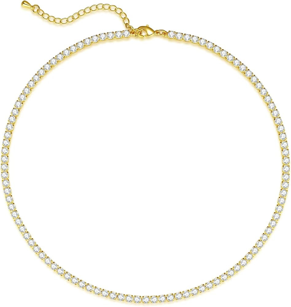 Tennis Necklace for Women 14K Gold Plated or Silver Rhinestone Choker Necklaces Dainty Zirconia C... | Amazon (US)