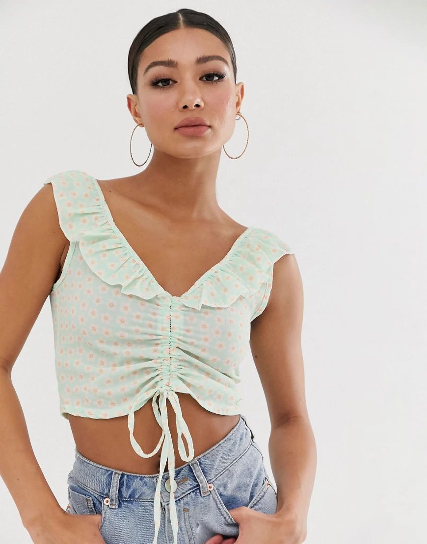 Missguided ruched crop top in mint floral with frill detail-Green | ASOS (Global)