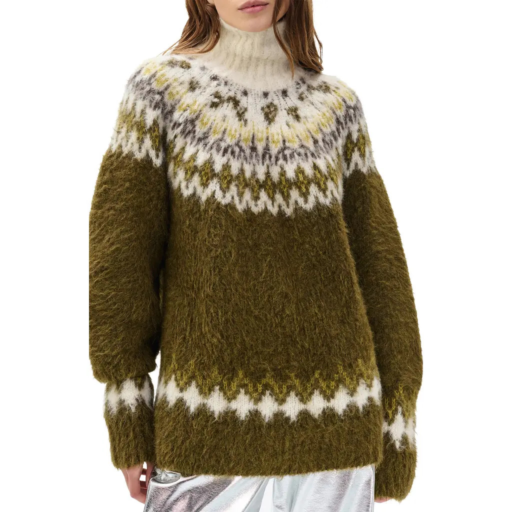 rag & bone Beth Oversize Fair Isle Alpaca Blend Turtleneck Sweater in Army Multi at Nordstrom, Size Medium | Nordstrom