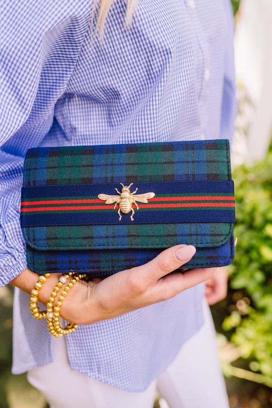Blue Ruby Plaid Clutch - Newport Band with Gold Bee | Lisi Lerch Inc