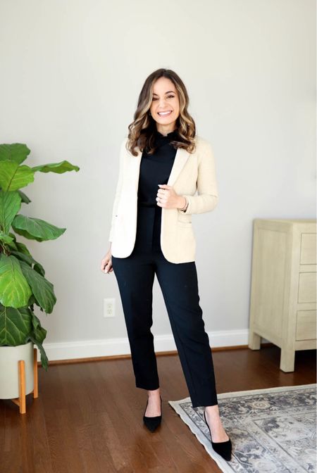 Sweater blazer outfits 

Top petite xxs (you may want to size up for sleeve length)
Pants petite 00 
Blazer petite xxs (you may want to size up for more room in the arms) 
Shoes tts 

#LTKworkwear #LTKstyletip