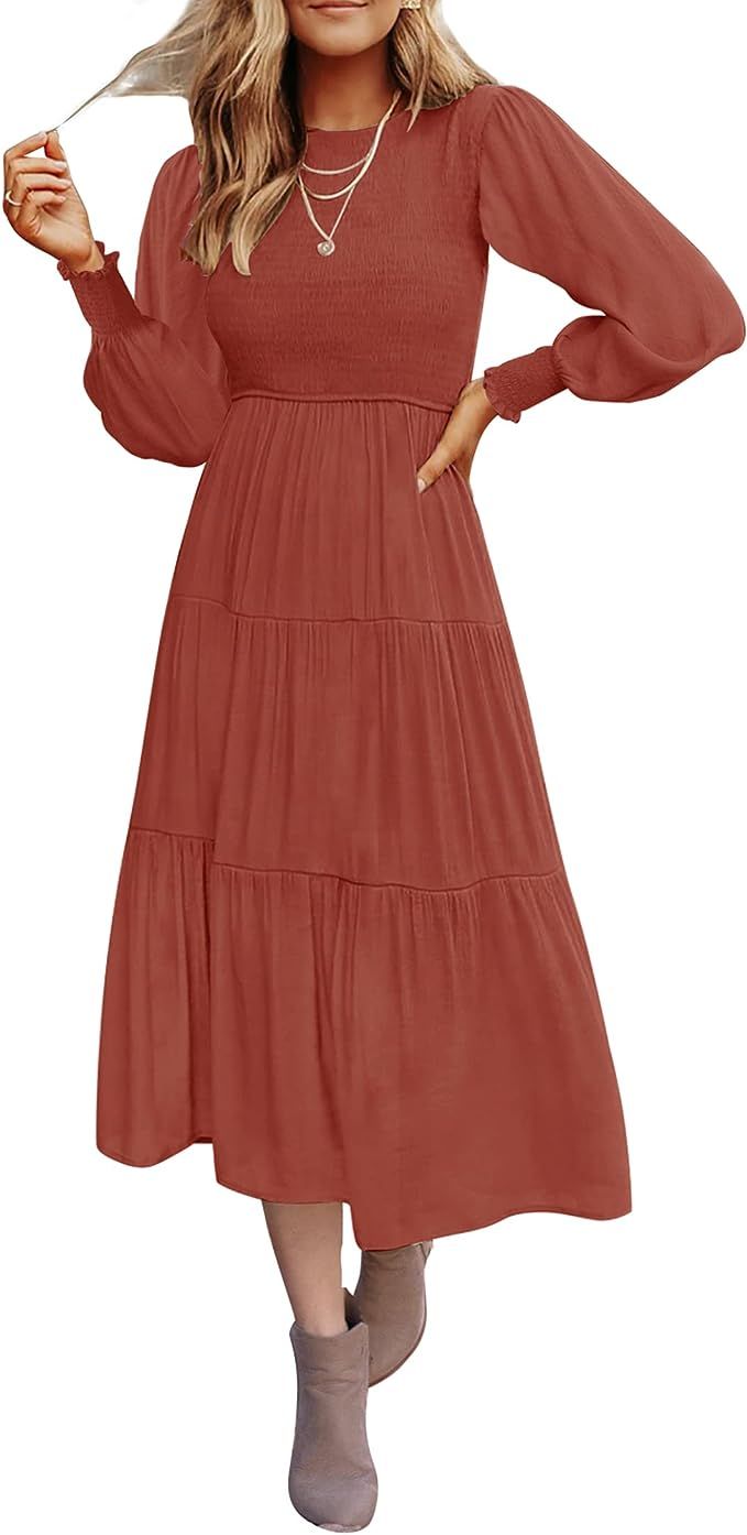 ZESICA Women's 2023 Casual Long Sleeve Crew Neck High Waist Smocked Flowy Tiered Midi Dress | Amazon (US)