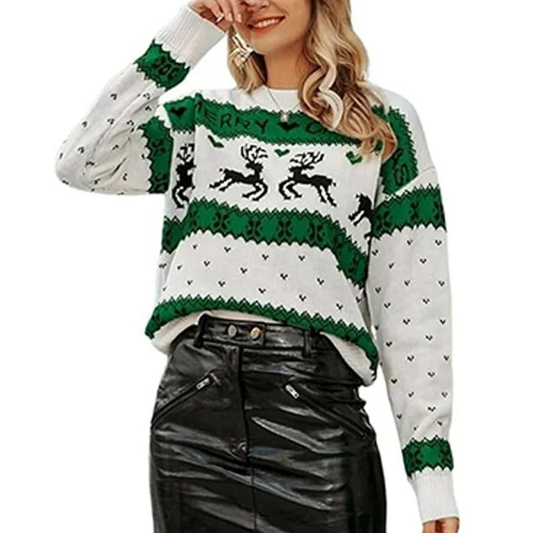 Women’s Cute Casual Christmas Sweater Long Sleeve Knitted Pullover Reindeer Snowflake Desi... | Walmart (US)
