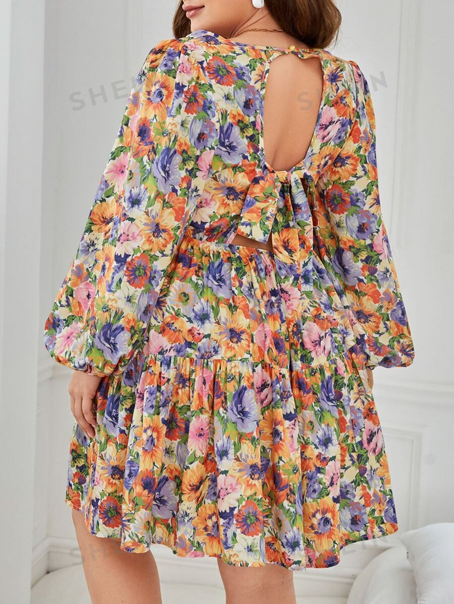 SHEIN VCAY Plus Floral Print Tie Backless Lantern Sleeve Ruffle Hem Dress | SHEIN