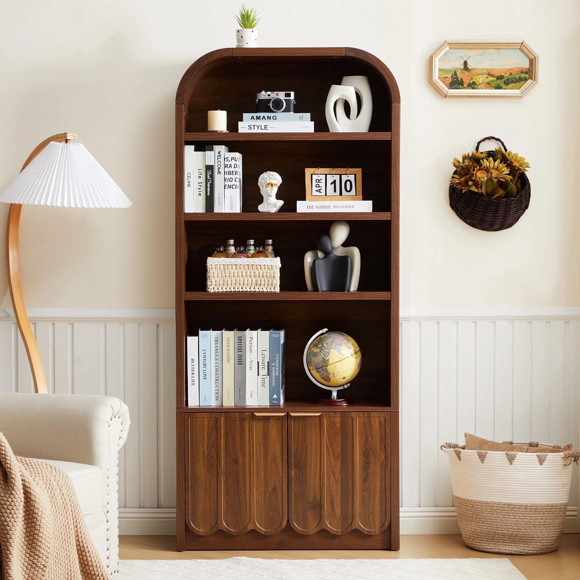 YOCWO 70" Tall Arched Bookcases with 2 Doors & 4 Shelves, Wooden Bookshelf with Wave Panel and Cu... | Walmart (US)