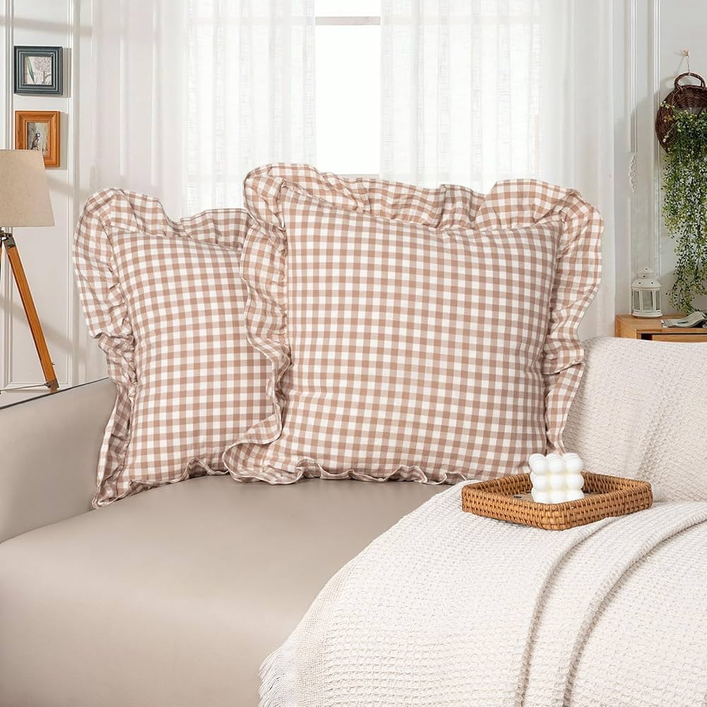 18"x18" Throw Pillow Covers, Khaki Scalloped Cotton Plaid Gingham Ruffle Decor Pillowcase Farmhou... | Amazon (US)