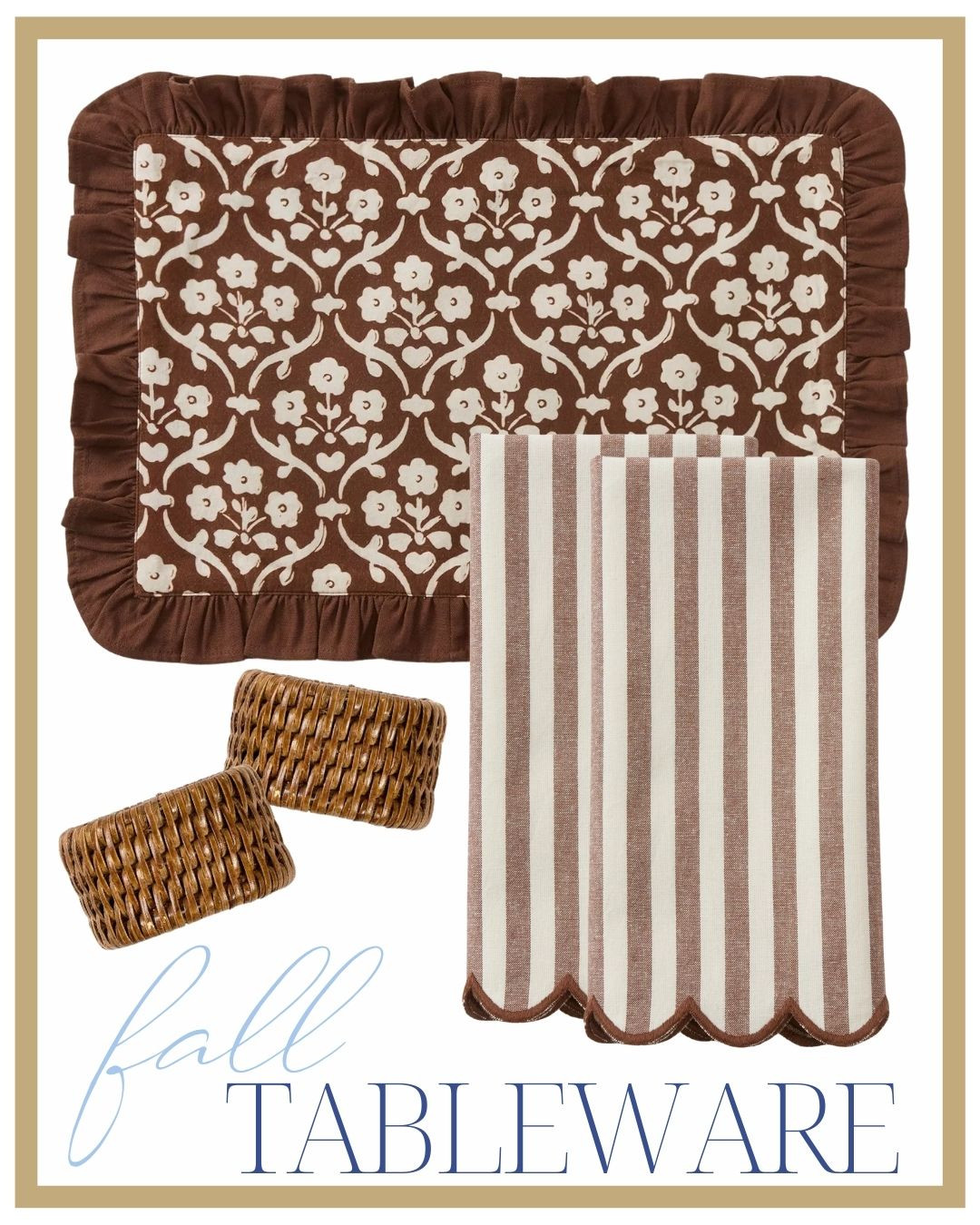 Cozy up your dining table with charming fall tableware! 🍂 This warm and rustic setup features a floral ruffled placemat, striped scalloped napkins, and woven napkin rings — perfect for autumn entertaining and Thanksgiving gatherings!

fall table decor, autumn tablescape, Thanksgiving table setting, cozy tableware, neutral fall decor 

 #LTKSeasonal #LTKHome #LTKParties