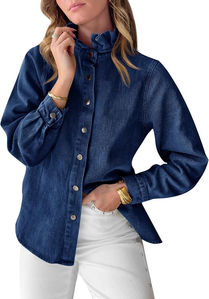 Tankaneo Womens Denim Button Down Shirts Long Sleeve Ruffle Collar Blouses | Amazon (US)