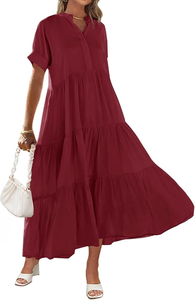 MEROKEETY Women Short Sleeve Summer Dress Button Down V Neck Ruffle Tiered Maxi Dresses | Amazon (US)