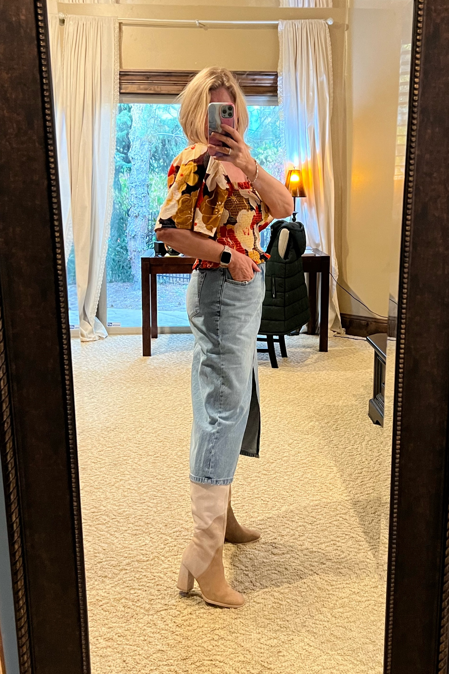 Denim midi skirt for fall. These boots are beautiful and come I lots of colors. And this top will carry you through multiple season. Fall outfits. Fall fashion. Boots. Thanksgiving .

#LTKstyletip #LTKshoecrush