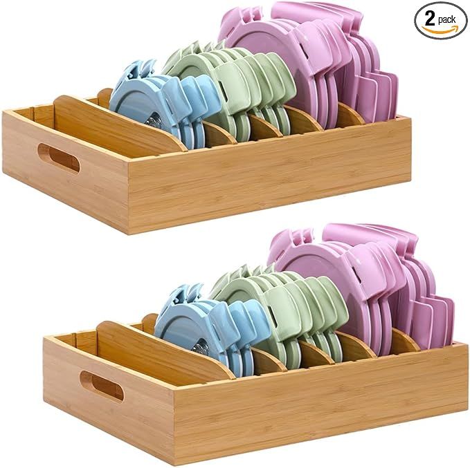 XiaoyuziTF 2 Pack Bamboo Lid Holder Food Container, Kitchen Organizer with 5 Adjustable Dividers,... | Amazon (US)