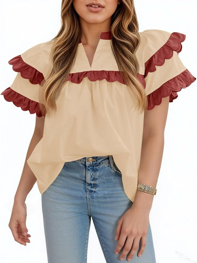 Tankaneo Womens Ruffle Sleeve Babydoll Tops Color Block Summer V Neck Pleated Blouse Dressy Casua... | Amazon (US)