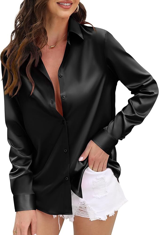 CUNLIN Womens Soft Satin Silk Button Down Shirts for Women Silky Long Sleeve Work Shirt Dress Blo... | Amazon (US)